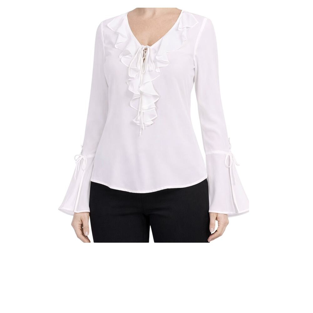 ECI New York Blouse Womens Size L White Ruffle FrontLong Sleeve Sheer Poetcore